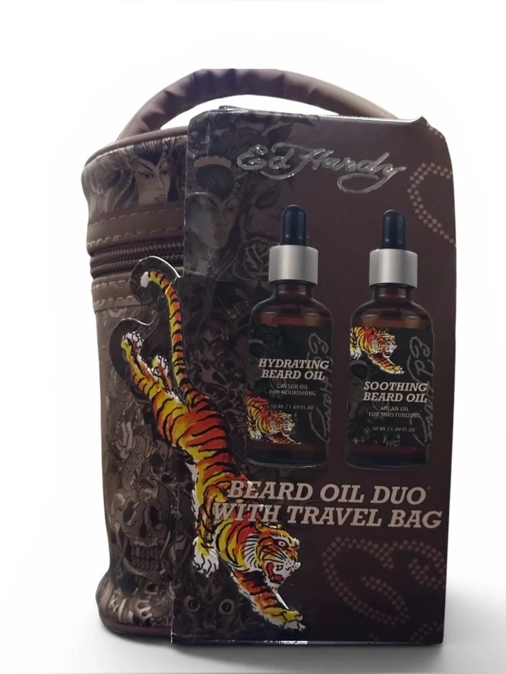 Ed Hardy Beard Oil Set with Beige Tattoo-Print Travel Pouch